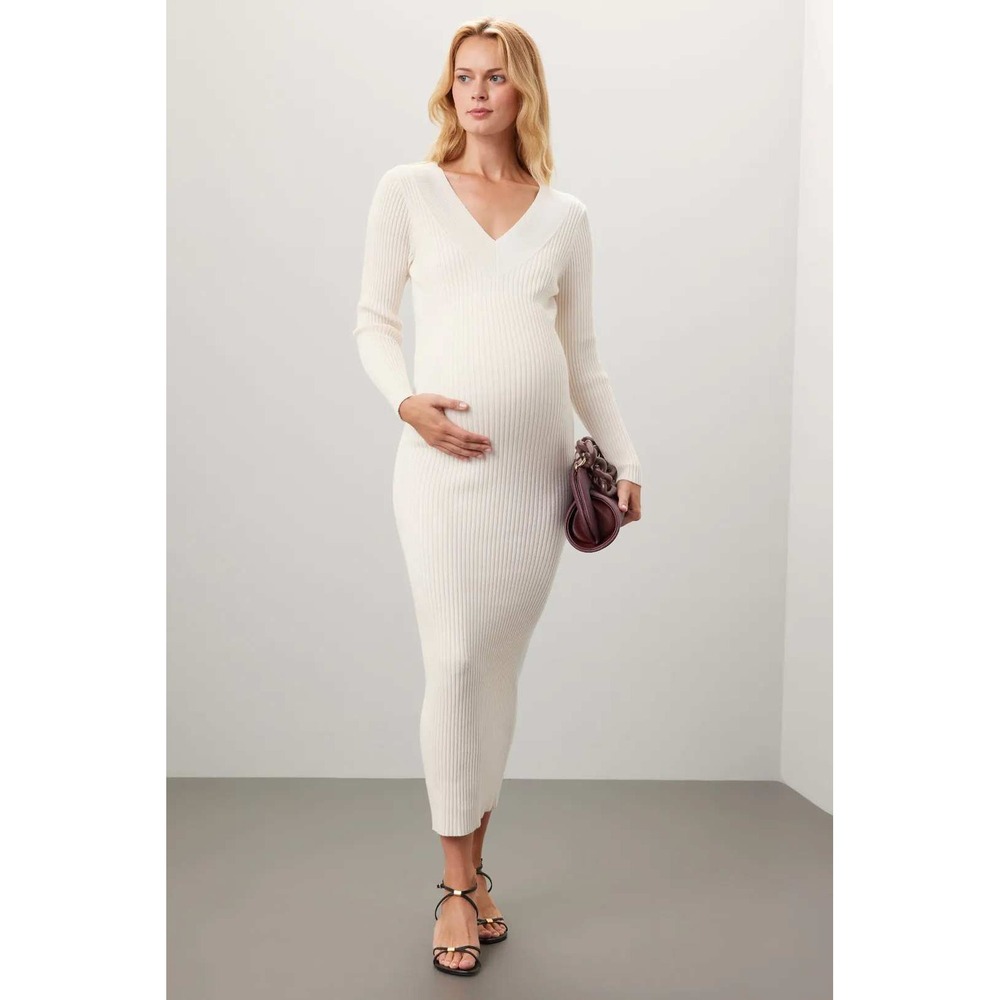Pietro Brunelli Milano Ribbed Long Maternity Midi Sweater Dress Light Beige